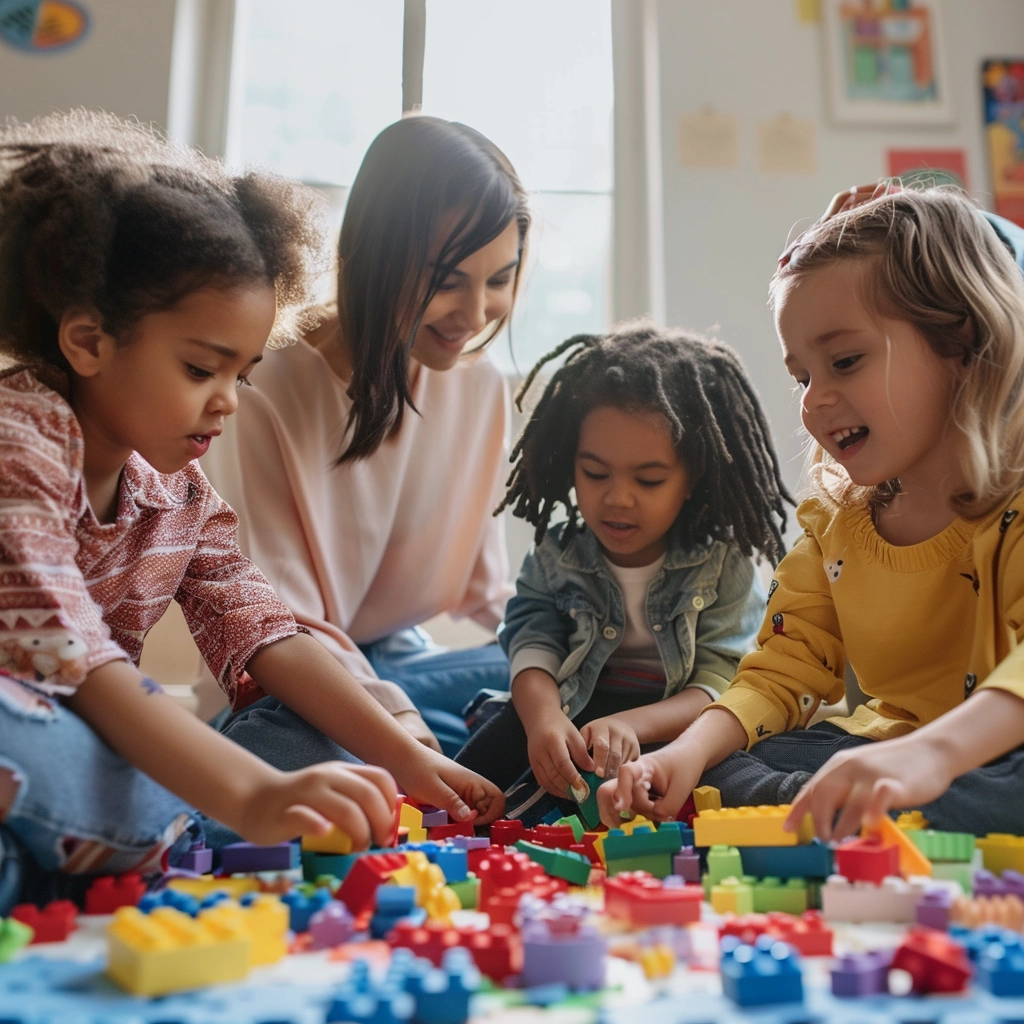 Adult supervised children playing with blocks